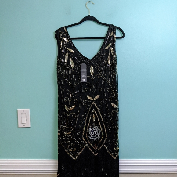 Jaos Wish Black Flapper Dress with Gold Sequins XXXL With Accessories - Picture 7 of 8